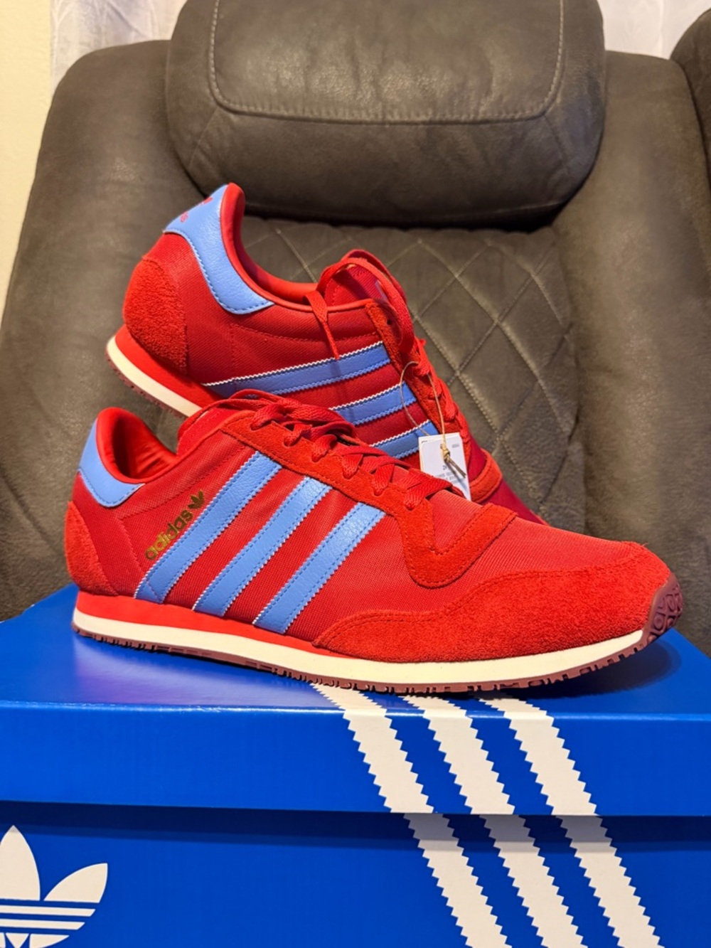 adidas Red Sneakers with Light Blue Stripes